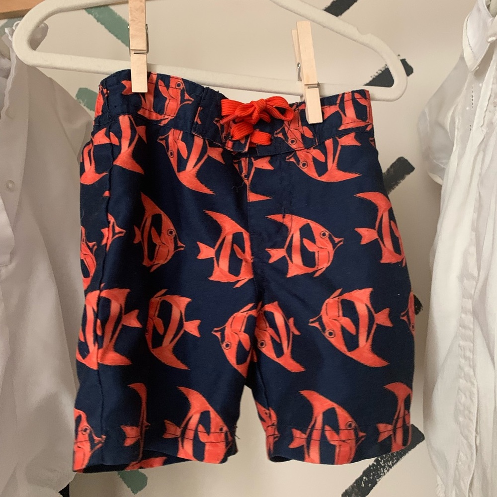 Janie and Jack blue and orange fish toddler boys swim trunks, 6-12 months